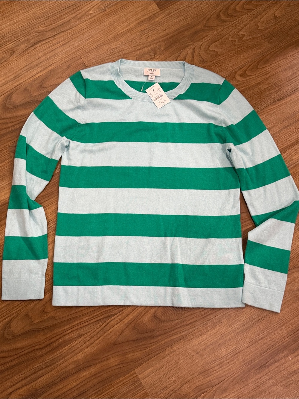 J. Crew Factory Teddie Light Blue and Green Striped Crewneck Sweater